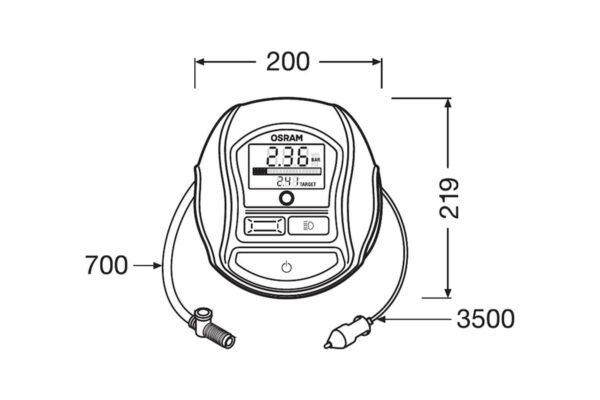 Digital compressor OSRAM model 1000 for tires 12V, 15A, 5.5bar