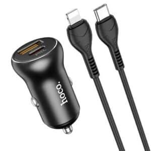 Зарядно за автомобил тип бързо зареждане (fast charger) + кабел за Type-C към Lightning. Материал: алуминиева сплав + огнеупорен материал.