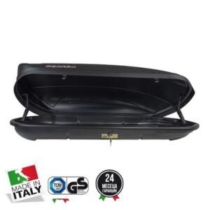 Автобокс Menabo Marathon 460 с черен капак с грапава структура.Отваряне: едностранно отдясно, с една ключалка.Монтаж с U-образни планки с Ш/В 60x68мм или с Т-болтове за напречни греди с 20мм Т-образни канали в горната част на профилите.Външни размери Д/В/Ш: 1950x360x790мм