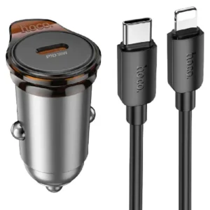 HOCO Зарядно за кола USB-C изход 30W – Черен с кабел USB-C – Lightning NZ16