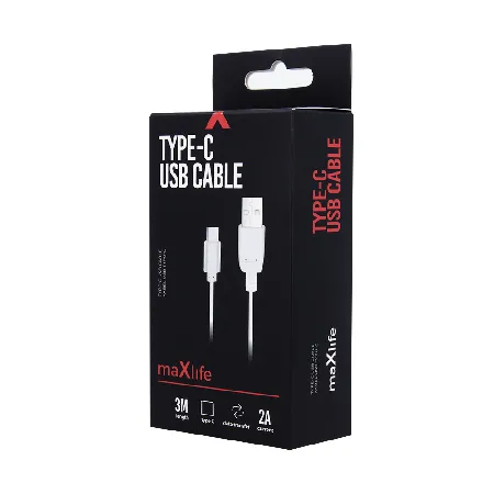 Maxlife Кабел USB-A – USB-C 3м 2A – Бял