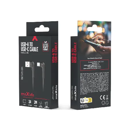 Maxlife Кабел USB-A – USB-C ъглов 2м 3A – Черен MXUC-09